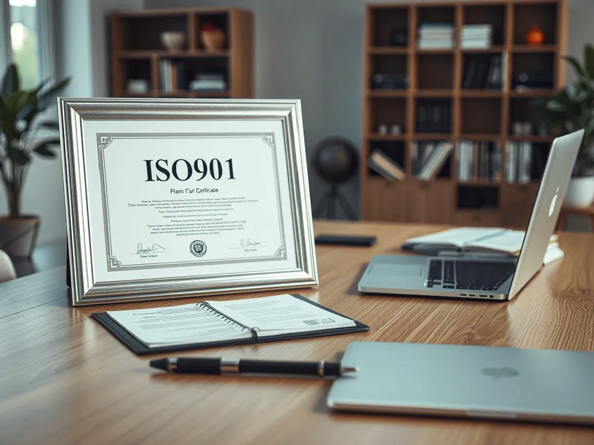 ISO9001质量管理体系认证证书摆放在办公桌上